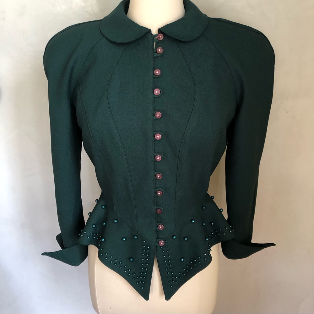 Vintage Mesmerize green blazer w/decorative pearls & buttons,shoulder pads
